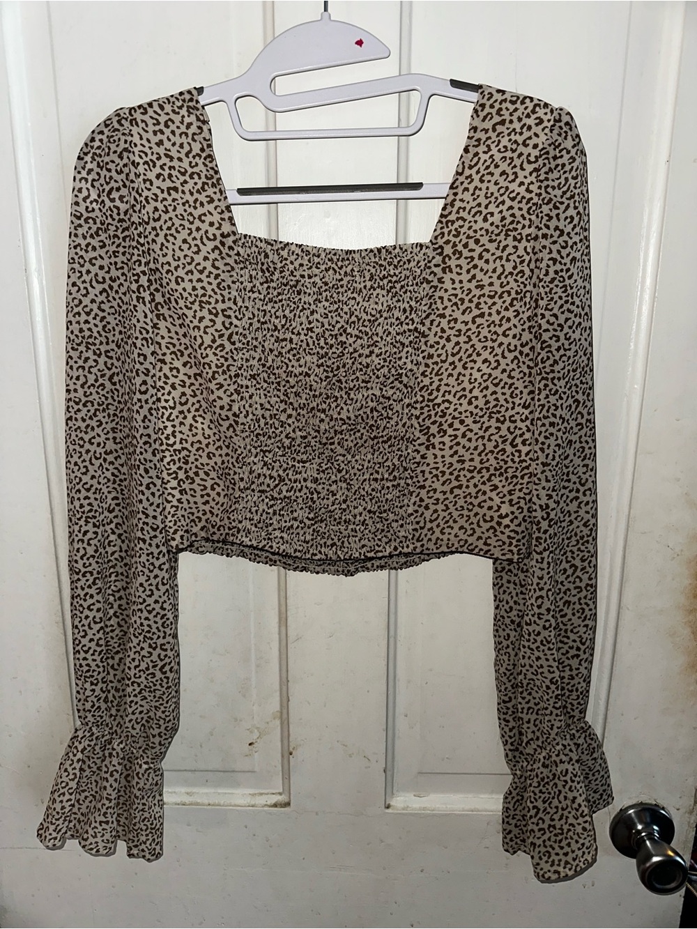 Altar'd State Leopard Print Crop Top Smocked Poet Long Sleeve Boho Blouse - Picture 6 of 6